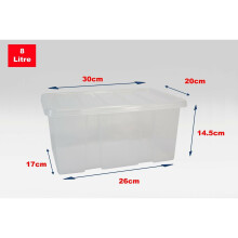 (Set of 10, 8 Litre) Clear Plastic Storage Boxes With Black Lids Home