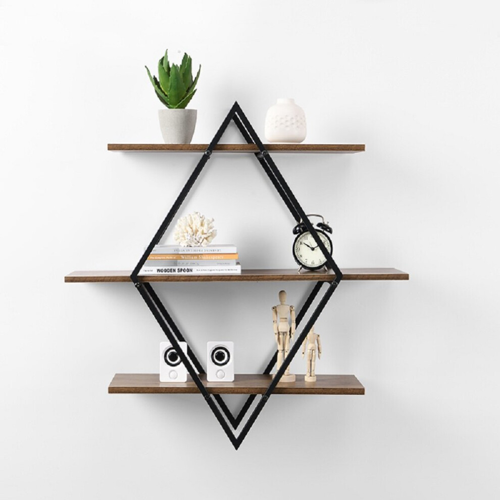 3 Tier Rhombus Black floating shelves MDF wood rustic shelf metal wire G-0478