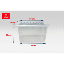 (Set of 5, 30 Litre ) Clear Plastic Storage Boxes With Black Lids Home