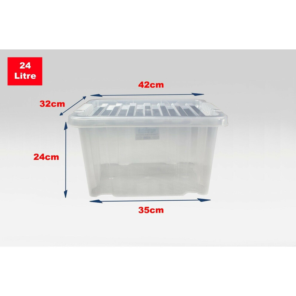 (Set of 5, 24 Litre) Clear Plastic Storage Boxes With Black Lids Home