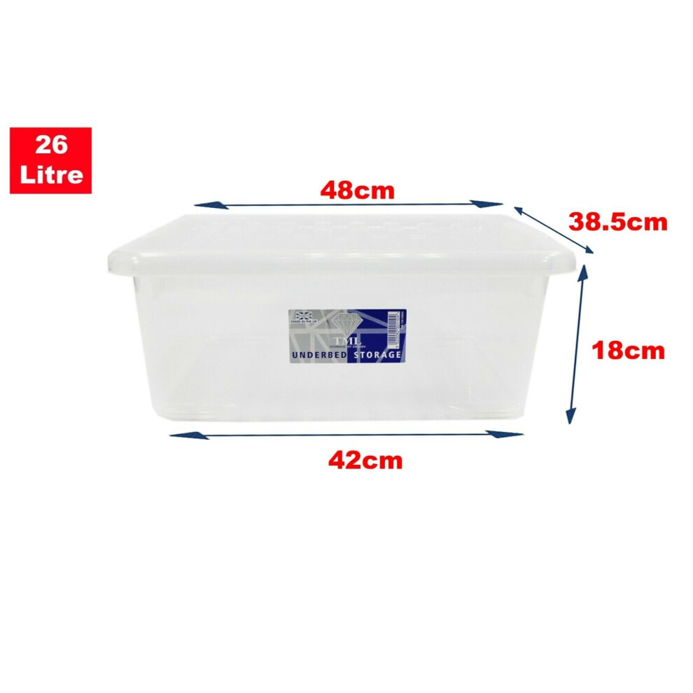 (Set of 5, 28 Litre Underbed) Clear Plastic Storage Boxes With Black Lids Home