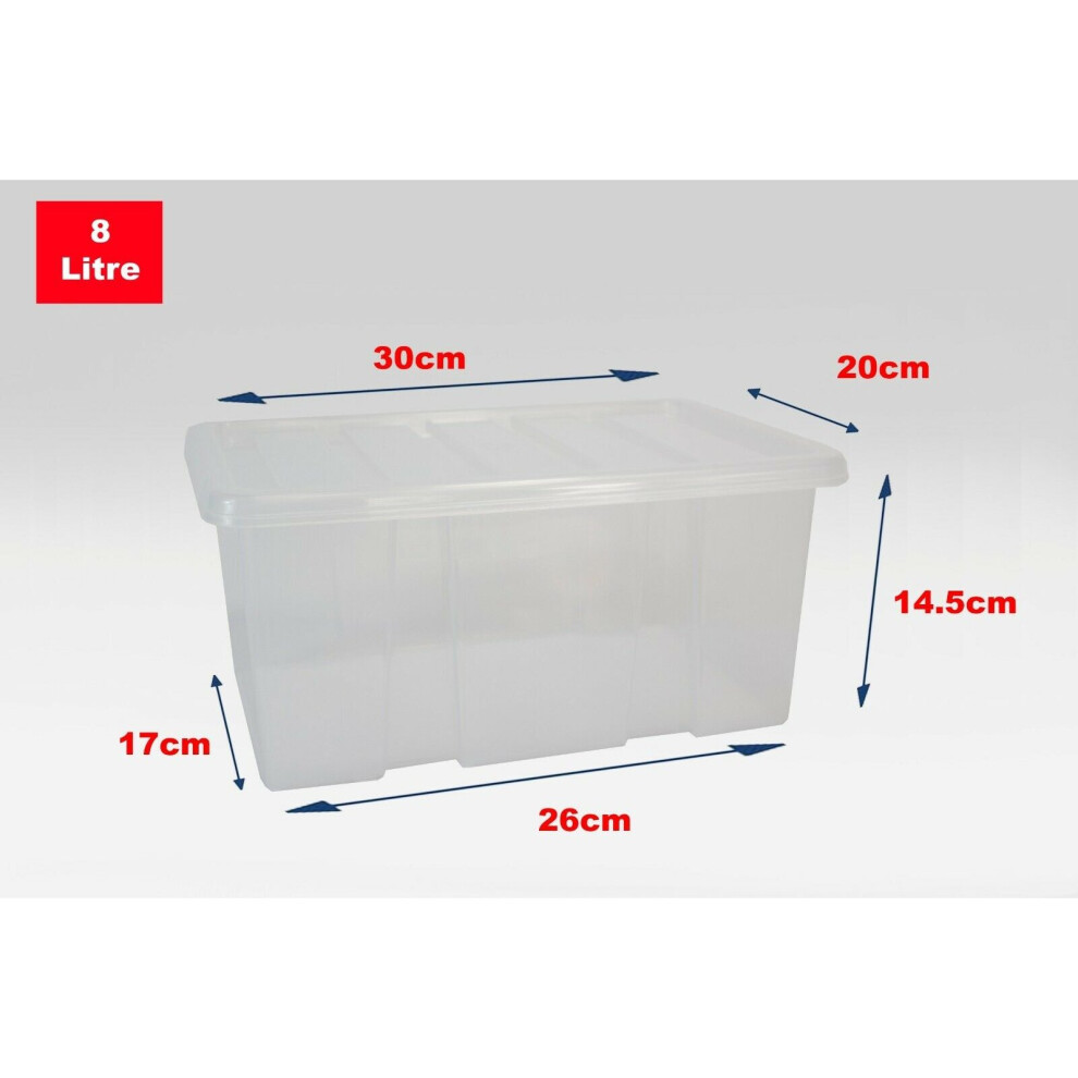 (Set of 5, 8 Litre) Clear Plastic Storage Boxes With Black Lids Home