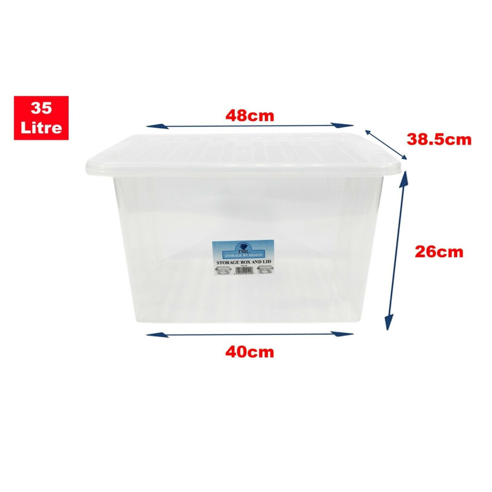 (Set of 3, 35 Litre) Clear Plastic Storage Boxes With Black Lids Home