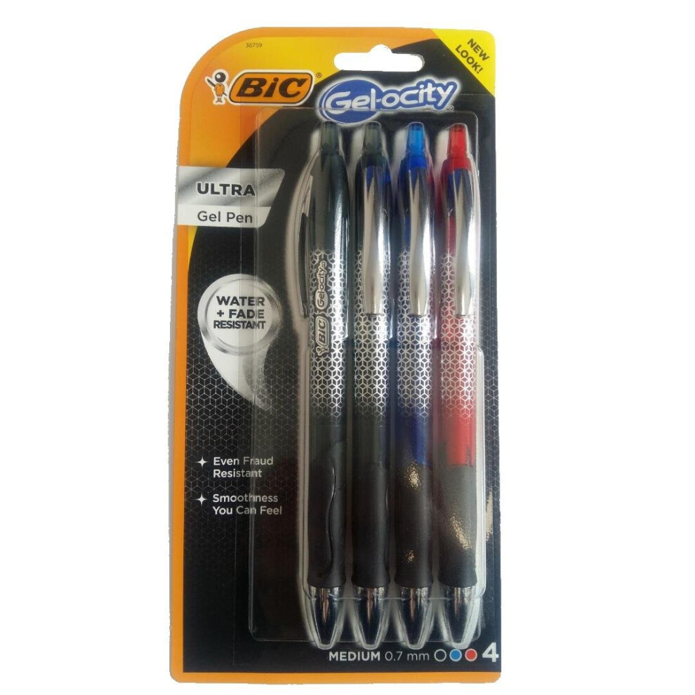 BIC GELOCITY ULTRA MEDIUM ASSORTED COLOUR GEL PENS 4 PACK [36759]