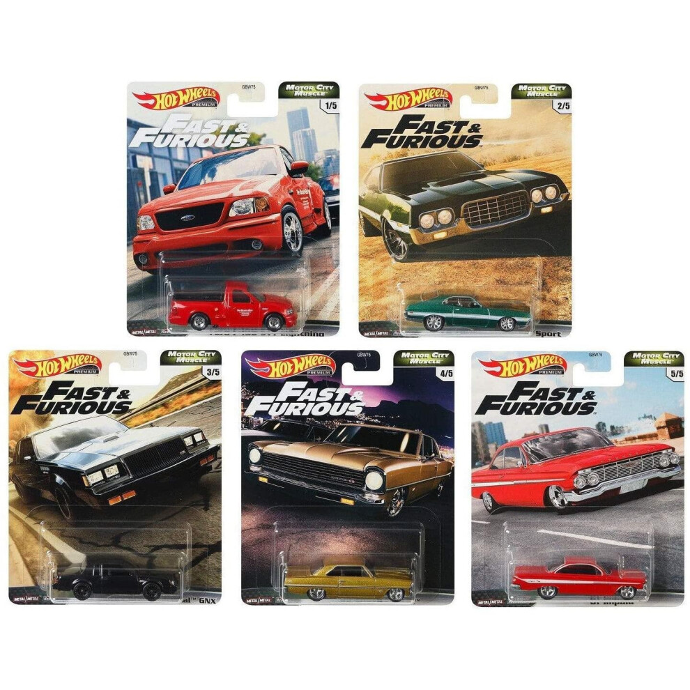 Hot Wheels Premium Fast & Furious MOTOR CITY MUSCLE Set of 5 Die Cast Vehicles GBW75