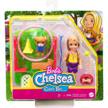 Barbie Chelsea Hundetrainer Spielset mit Chelsea Puppe (15,24 cm), Hund & Leine, Sprunghoop, Hindernis-Kon