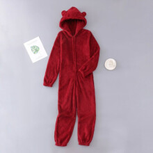 (Wine red, 8-9 Years) Girls Boys Winter Long Sleeve Onesie Pajamas Plush Jumpsuit Children Winter Zipper Pajamas Ashion Solid Color Romper Homewear