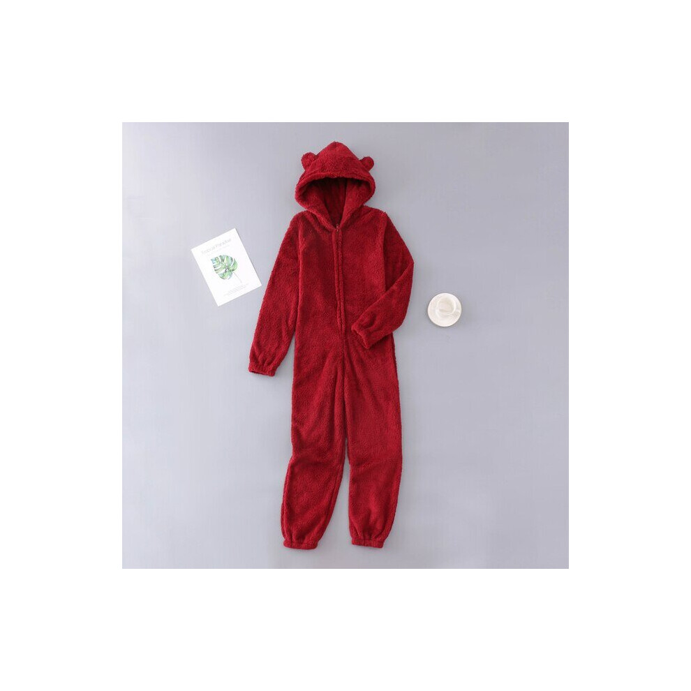 (Wine red, 8-9 Years) Girls Boys Winter Long Sleeve Onesie Pajamas Plush Jumpsuit Children Winter Zipper Pajamas Ashion Solid Color Romper Homewear