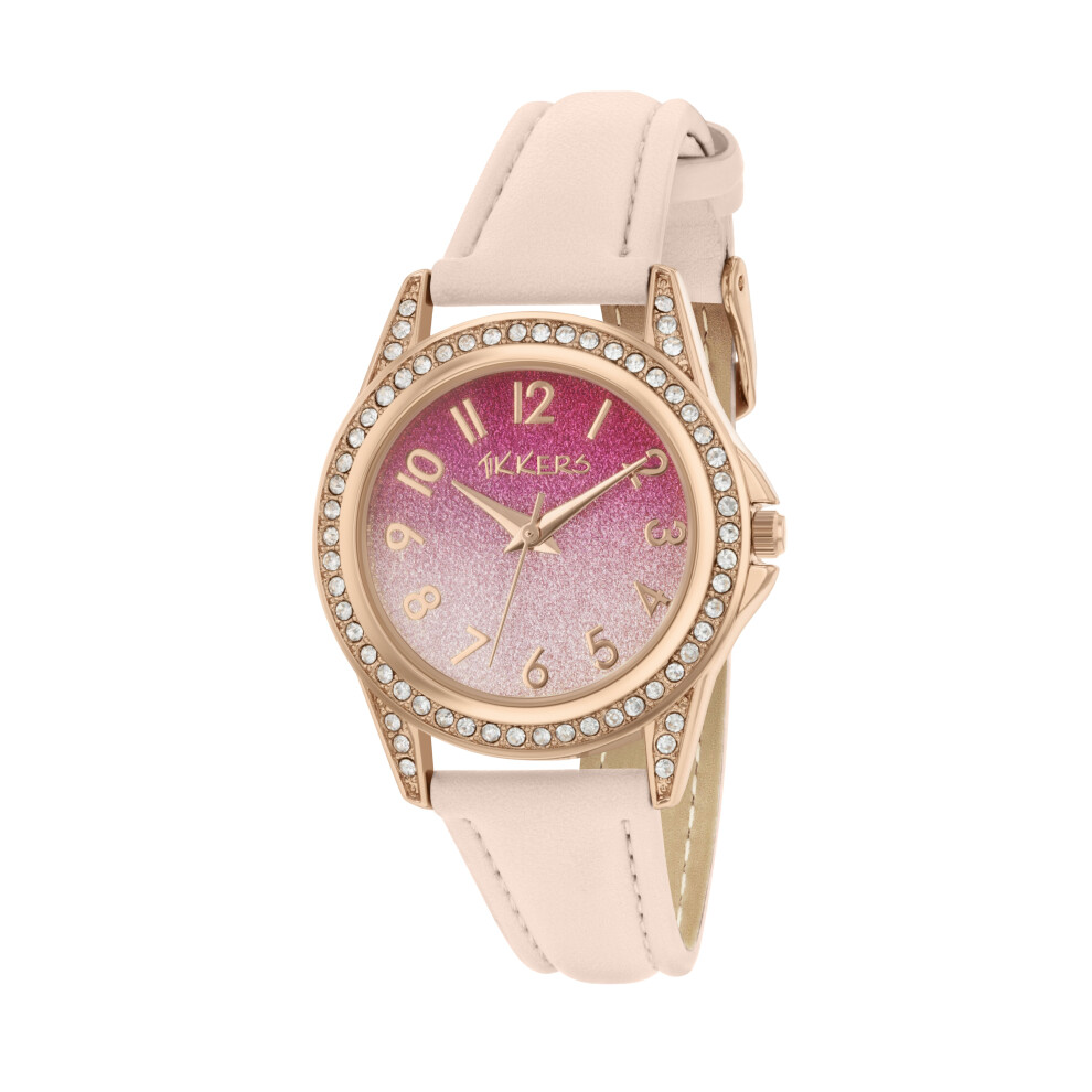 Tikkers Girls Light Pink PU Strap Stone Set Case With Glitter Dial Watch TK0176