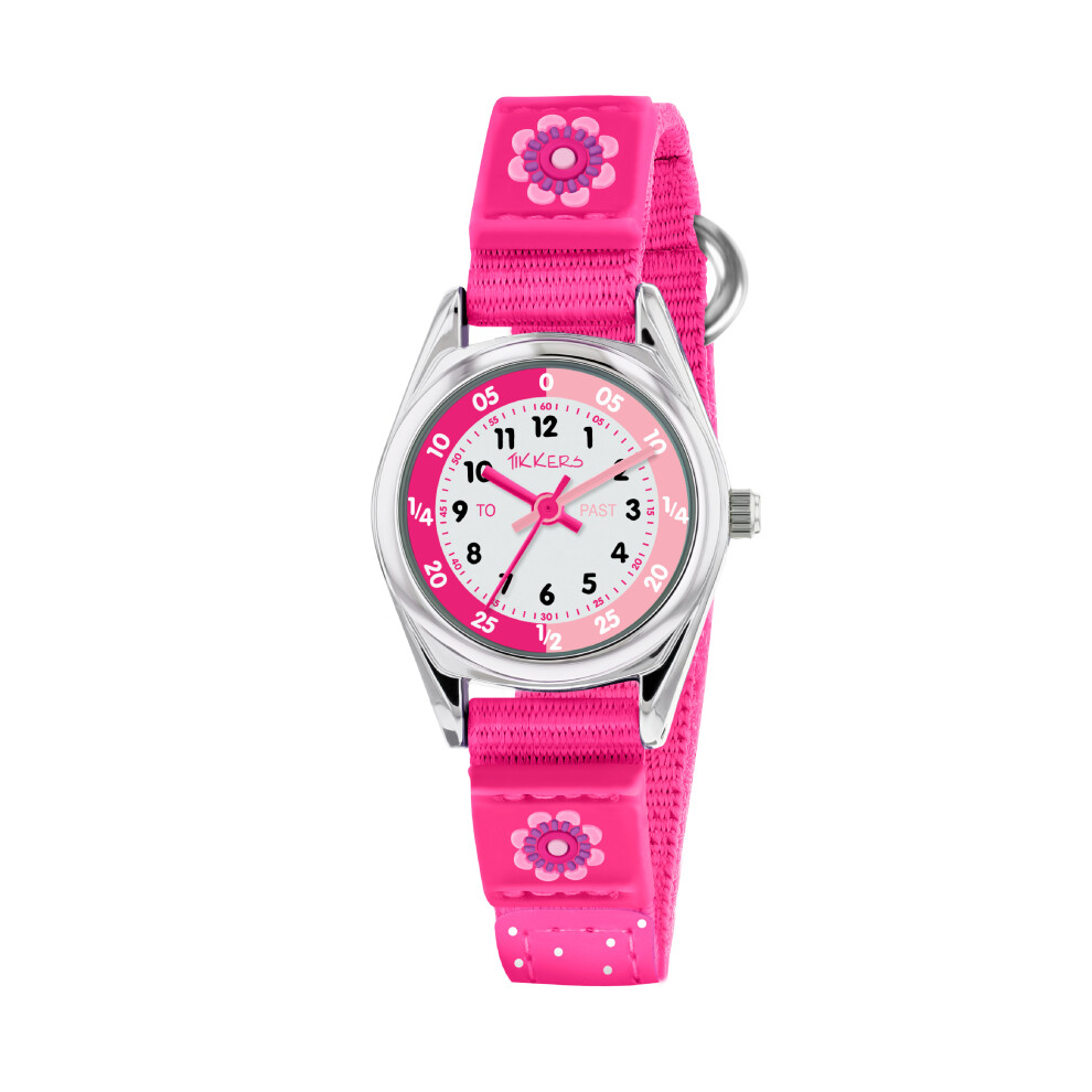 Tikkers Girls Pink Fabric Strap Velcro Strap Time Teacher Watch TK0119