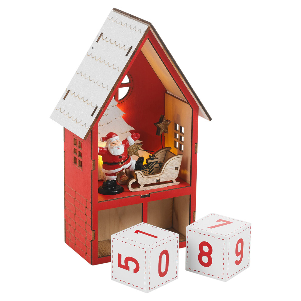 (Red White) Christmas LED Illuminated Wood House Santa Advent Calendar