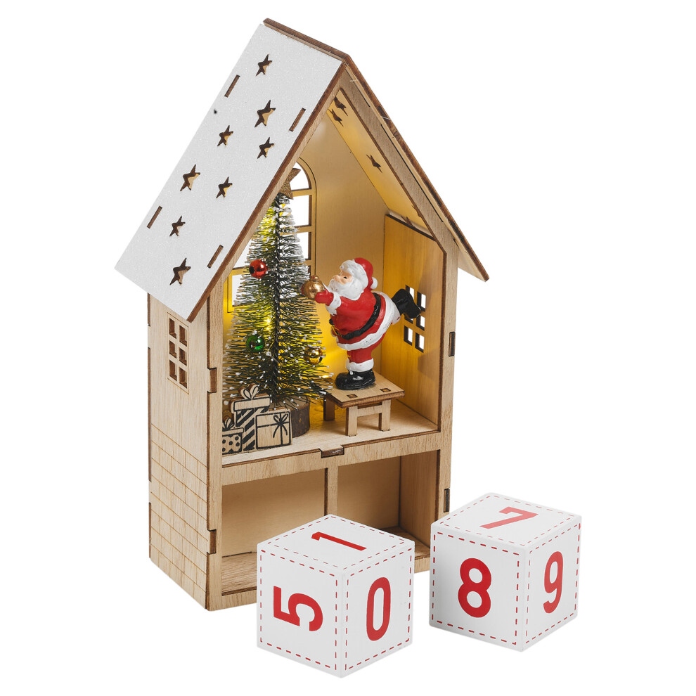 (Brown White) Christmas LED Illuminated Wood House Santa Advent Calendar