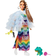 Barbie Extra Puppe & Zubehör mit langer brauner Haar und Glitzerclips in mehrfarbigem Kleid mit Haustier-Krokodil