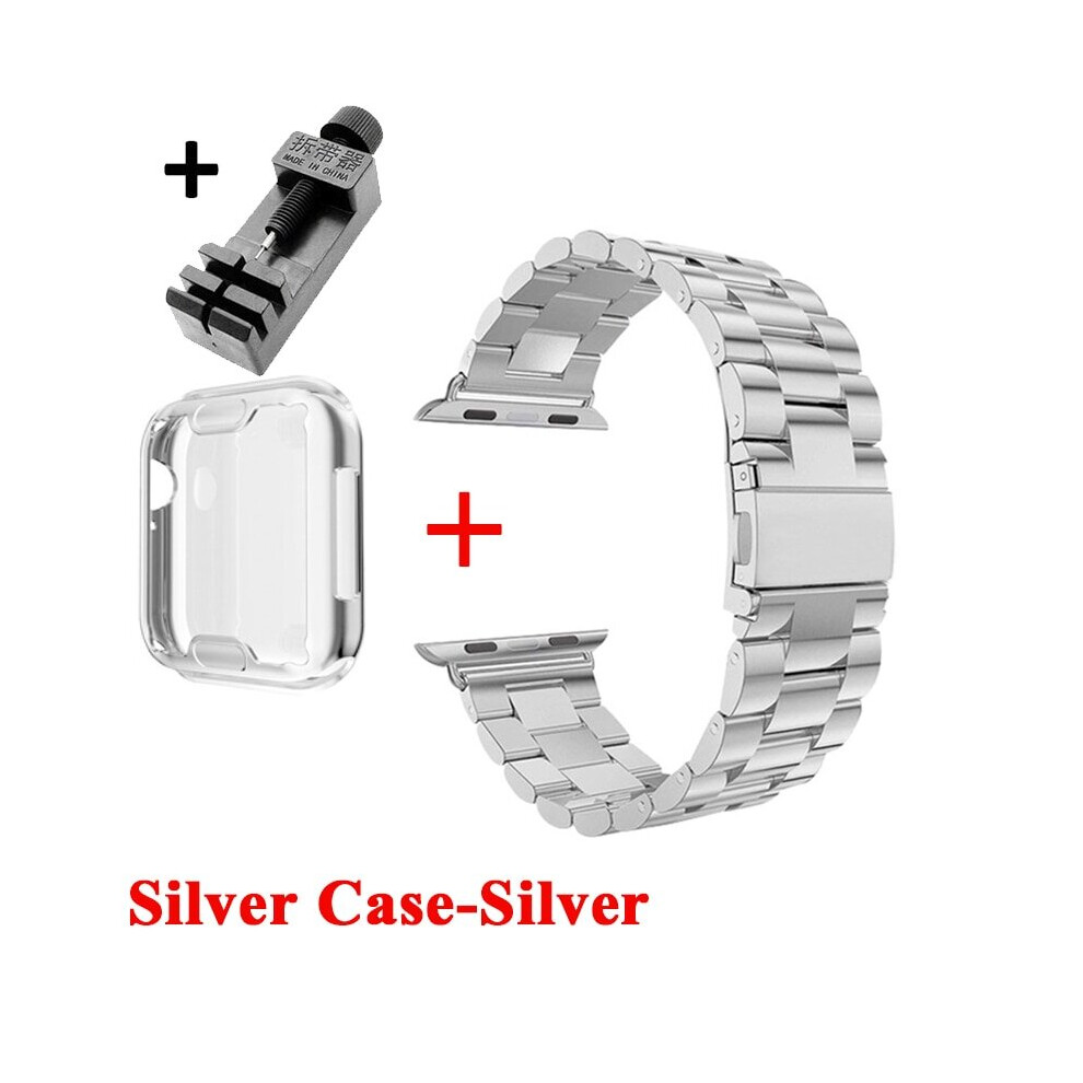 (Silver Case / Silver Bracelet, 38mm) Premium Watch Case & Stainless Steel Bracelet For Apple Watch