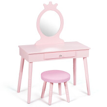 Children Dressing Table Set w/ Drawer & Mirror Girls Princess Wooden Vanity Dresser Bedroom
