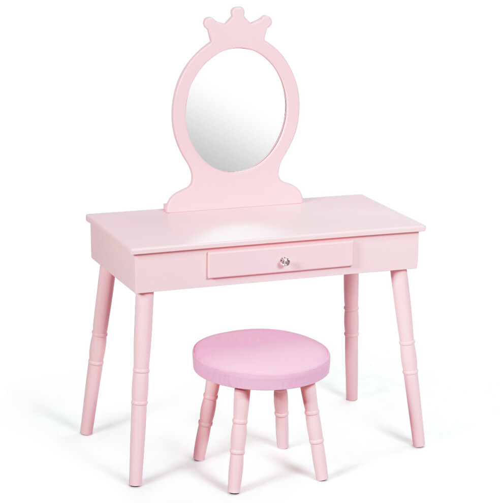 Children Dressing Table Set w/ Drawer & Mirror Girls Princess Wooden Vanity Dresser  Bedroom