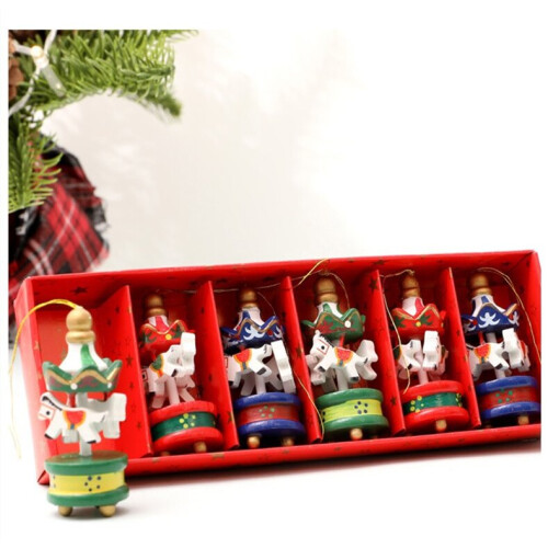 (Full set of 6 with box) 6 Pcs Merry Christmas Wooden Carousel Horse Vintage Mini Hanging Pendant for Children Birthday Gift