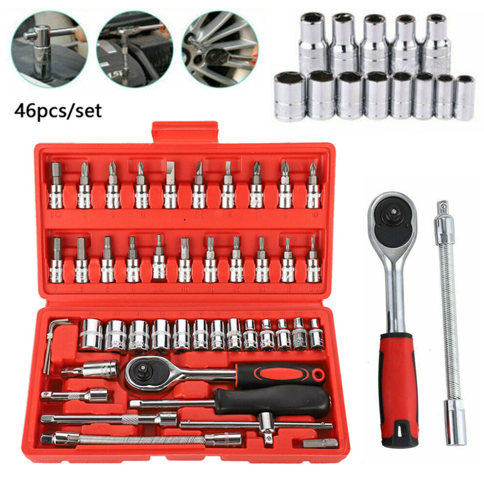 (Red) 46pcs Spanner Socket Ratchet Wrench Set 1/4" Drive Repair Tool