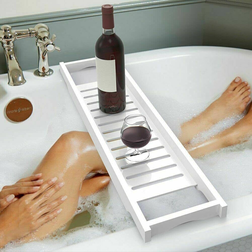 Bamboo Caddy Wood Bath Tub Rack Bathroom Shelf Tray Storage  White