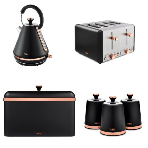 Cavaletto Black Rose Gold Pyramid Kettle, 4 Slice Toaster Breadbin