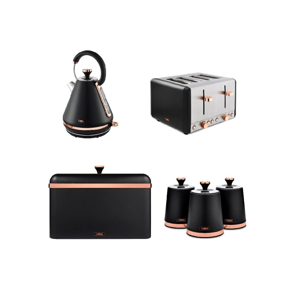 Cavaletto Black Rose Gold Pyramid Kettle, 4 Slice Toaster Breadbin Canisters Set