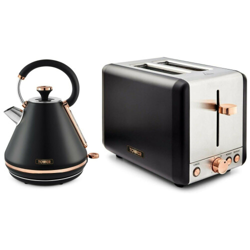 Tower Black & Rose Gold Cavaletto Pyramid Kettle 2 Toaster Bread Bin