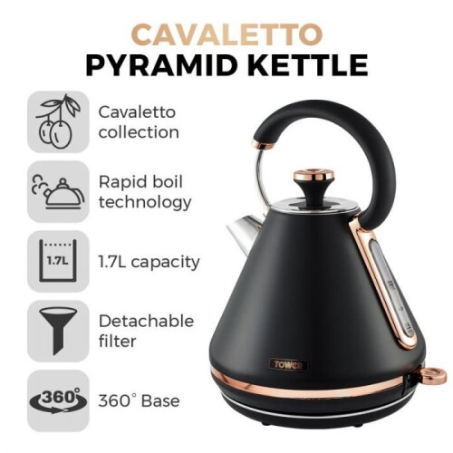 Tower Cavaletto Black Rose Gold Pyramid Kettle, 4 Slice Toaster Breadbin Canisters Set 1