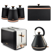 Tower Black & Rose Gold Cavaletto Pyramid Kettle 2 Toaster Bread Bin Canisters