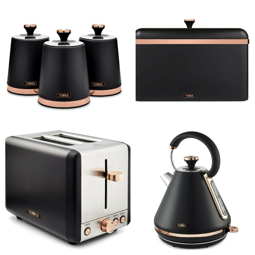 Tower Black & Rose Gold Cavaletto Pyramid Kettle 2 Toaster Bread Bin Canisters-image-OPC-P8JT6W2-NEW