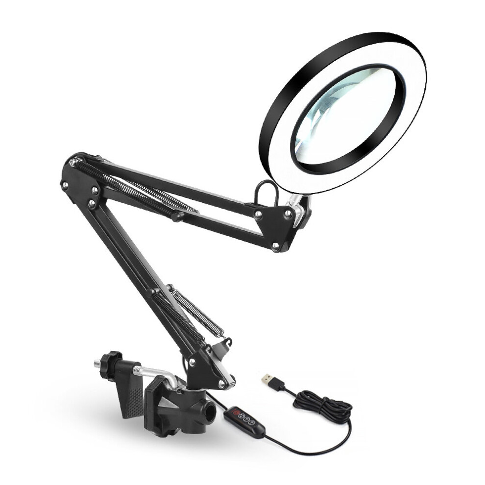 5X LED Magnifying Glass Desk Lamp with Clamp, USB Powered Magnifier Lamp with 3 Color Modes and 10 Brightness, Adjustable Metal Swivel