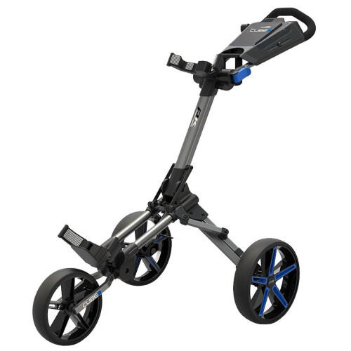 (Gun Metal/Blue) Powakaddy Golf CUBE Cart 3 Wheel Pull / Push Golf Trolley