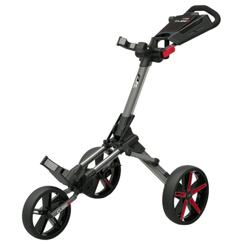 (Gun Metal/Red) Powakaddy Golf CUBE Cart 3 Wheel Pull / Push Golf Trolley