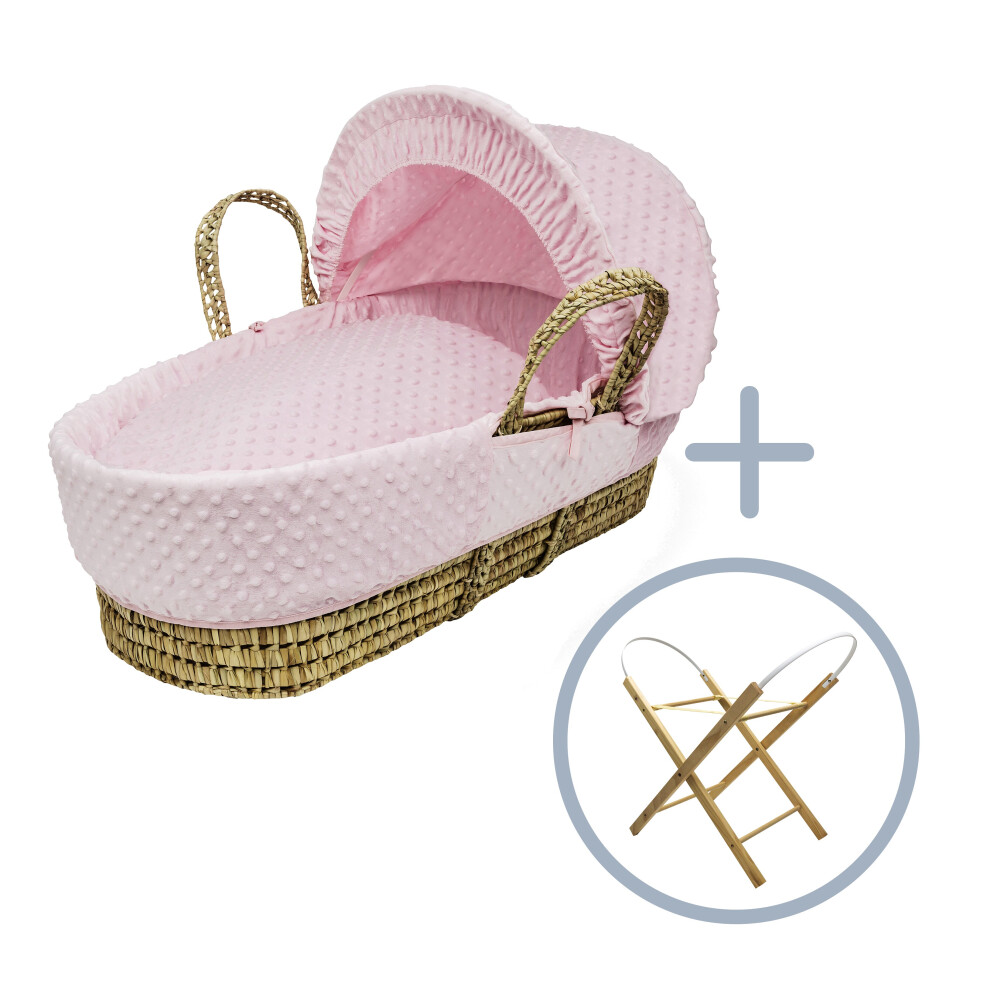 Girls Pink Dimple Palm Moses Basket with Opal Folding Stand Natural