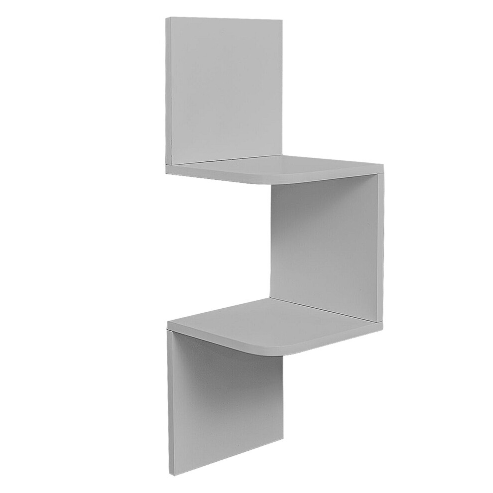 (Grey) Corner Book Shelf Wall Unit Storage White 2 Tier Floating Display Stand Bookcase