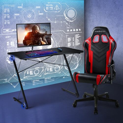 Costway Z-Shape Computer Desk Workstation w/ LED Lights & Carbon Fibre Surface 1