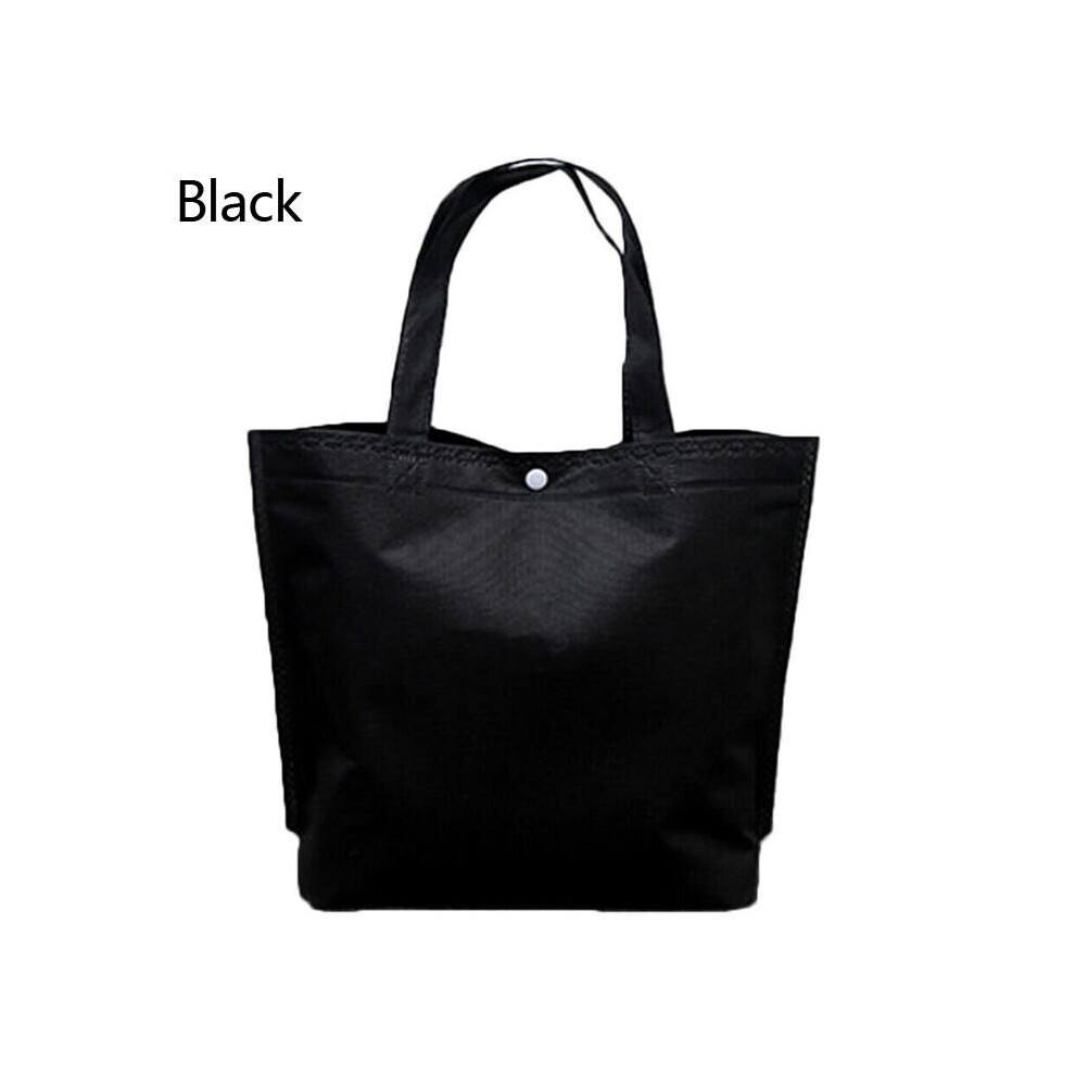 (Black, L?36*45CM?) Foldable Button Shopping Bag Reusable Tote Pouch Women Travel Storage Handbag