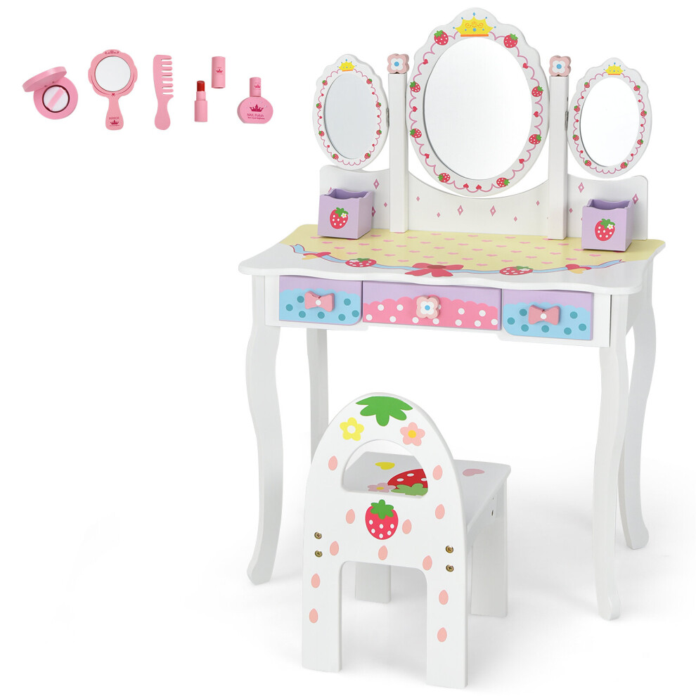 Kids Vanity Set w/Tri-fold Mirror Children Pretend Table Chair Set