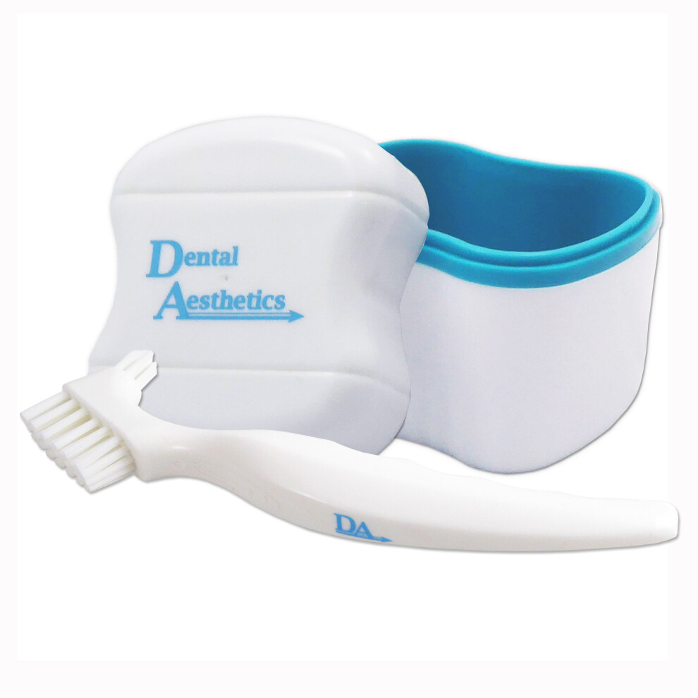 Dental Aesthetics Blue Denture Bath & Brush ~ Storage Container For Soaking Dentures, Brush With Double Bristle Head ( Bath)