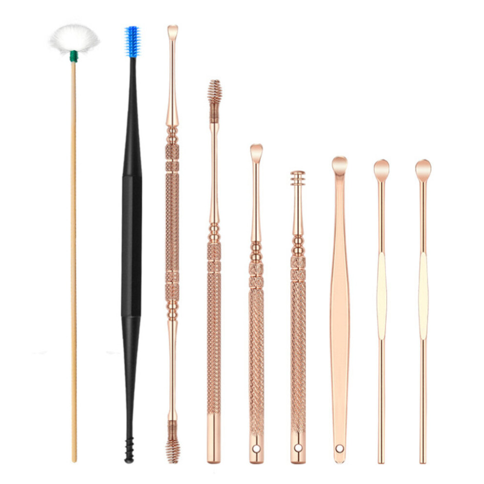 Gold (Gold) 9Pcs Stainless Steel Ear Wax Cleaning Tool Set Earpick Ears Massage Safe Cleaner