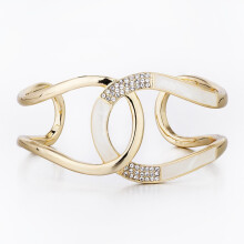 (14k Gold) Designer Cuff Bangle, Interlocking Arc Design, Mother of Pearl Inlaid & SW Crystal Elements, 14K Gold & Silver Rhodium. Janeo Jewels.