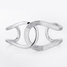 (Silver Rhodium) Designer Cuff Bangle, Interlocking Arc Design, Mother of Pearl Inlaid & SW Crystal Elements, 14K Gold & Silver Rhodium. Janeo Jewels.