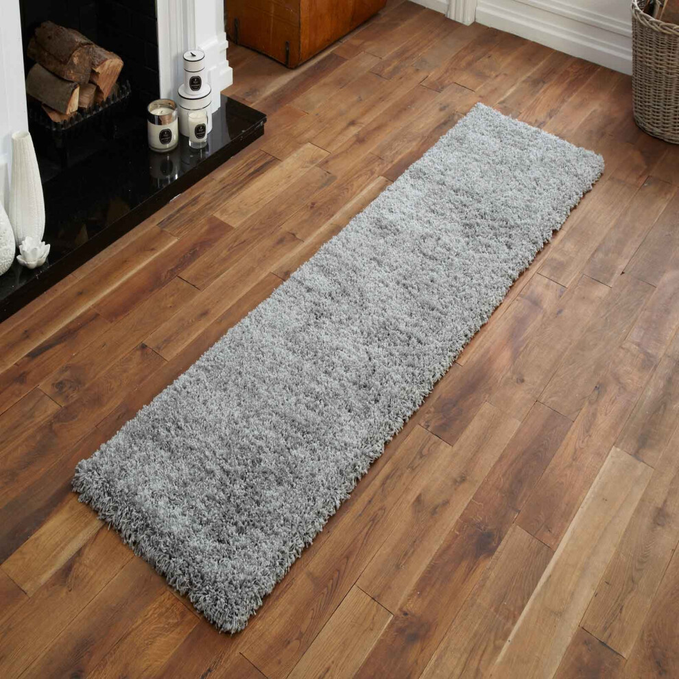 (60x230cm) Large Silver Grey 5cm Non Shed Quality Modern Shaggy Rugs