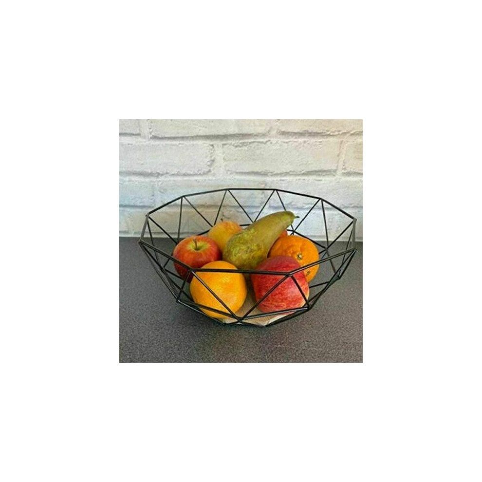 Black Geometric Metal Wire Basket Wooden Base Fruit Vegetable