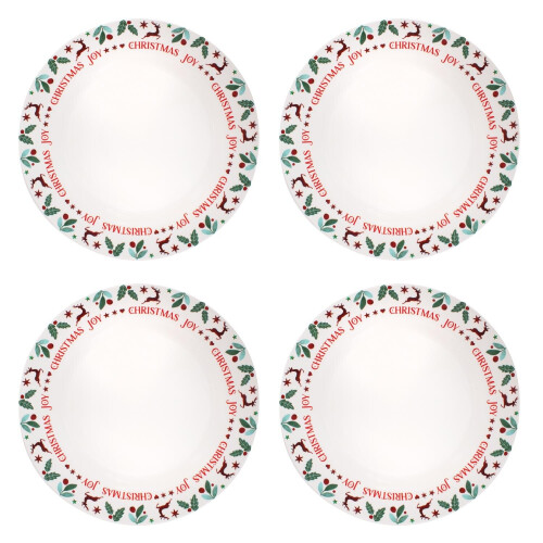 XM6290-PK2 Set of 4 Joy Range Porcelain Christmas Dinner Plates – Festive Holly, Mistletoe & Reindeer Table Decor