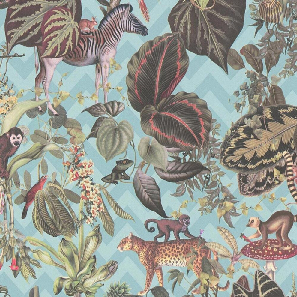 As Creation Blue Jungle Wallpaper Textured Animal Tropical Vinyl Green