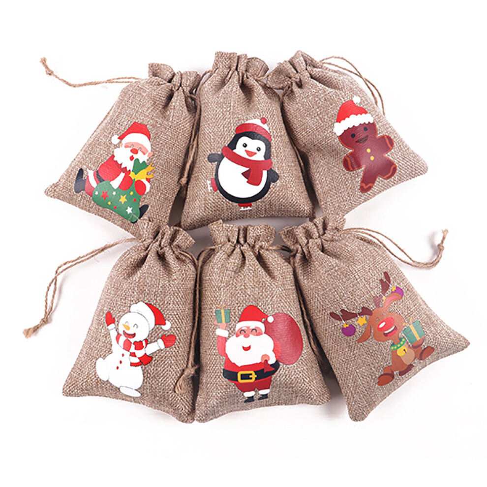 6 Pcs Christmas Jute Linen Bags Xmas Burlap Drawstring Bag Candy Gift Bag For Xmas Favors Merry Christmas Decor