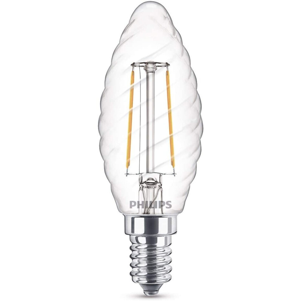 Philips 2W ( 25W) Led Twisted Candle Warm Clear Filament, E14 White
