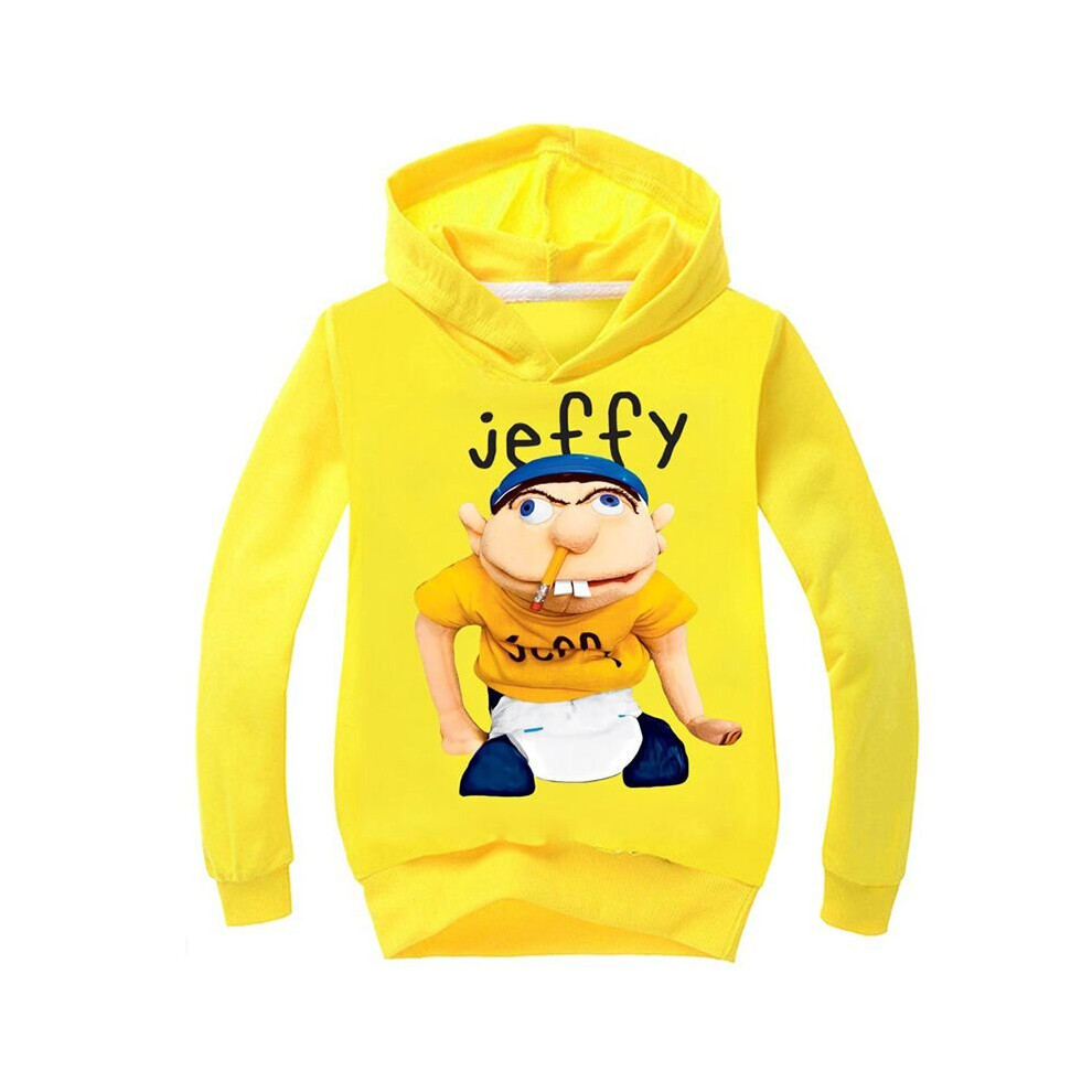 (Yellow, 150cm/9-10 years) Kids Jeffy Print Hoodie Boys Long Sleeve Sports Shirt Hood Hoody Sweatershirt
