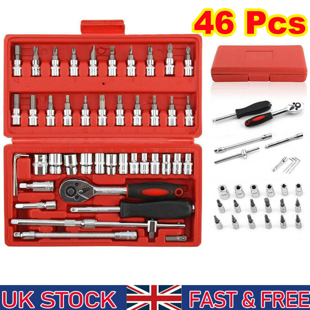 46 Pcs Socket Set Car Repair Tool Ratchet Torque Wrench Kit w/Case Box