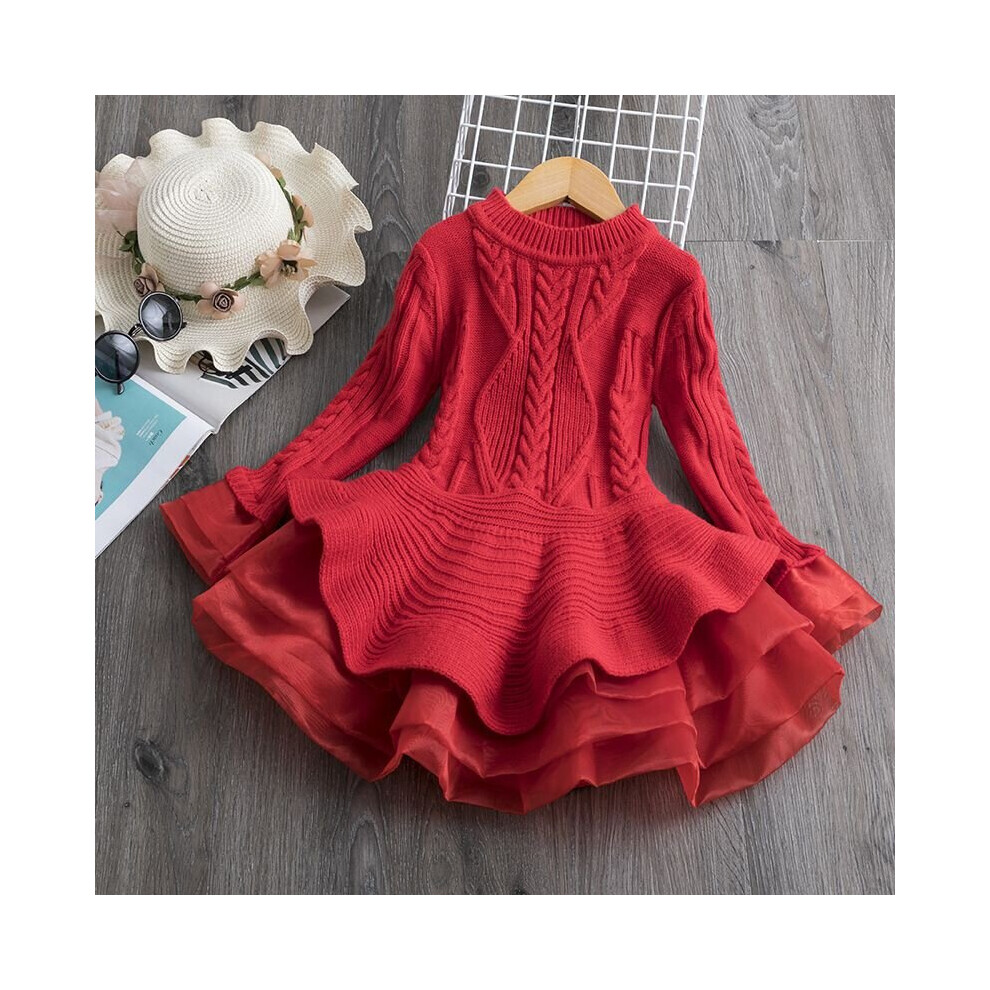 (Red, 4-5Years(Size120)) Baby Girl Princess Sweater Dress Toddler Kid Winter Long Sleeve Party Tutu Dress